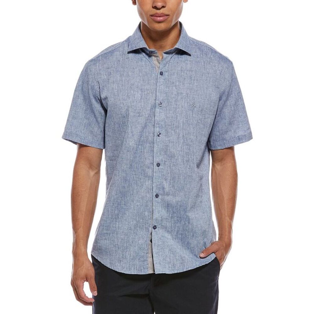 Tailorbyrd Mens  Yarn Dyed Melange Linen-Blend Shirt, Blue